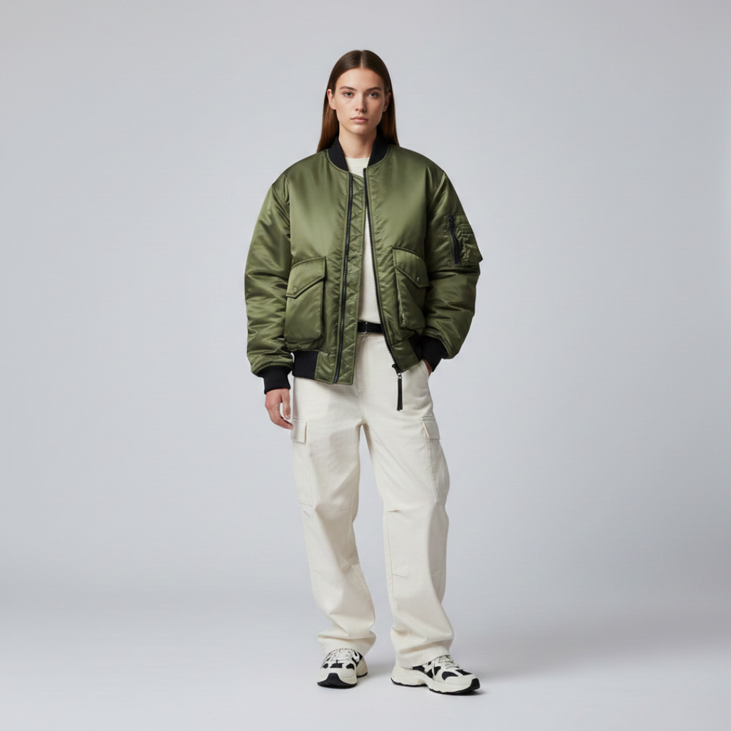 Women's Full-Zip Padded Bomber Jacket with Ribbed Trim